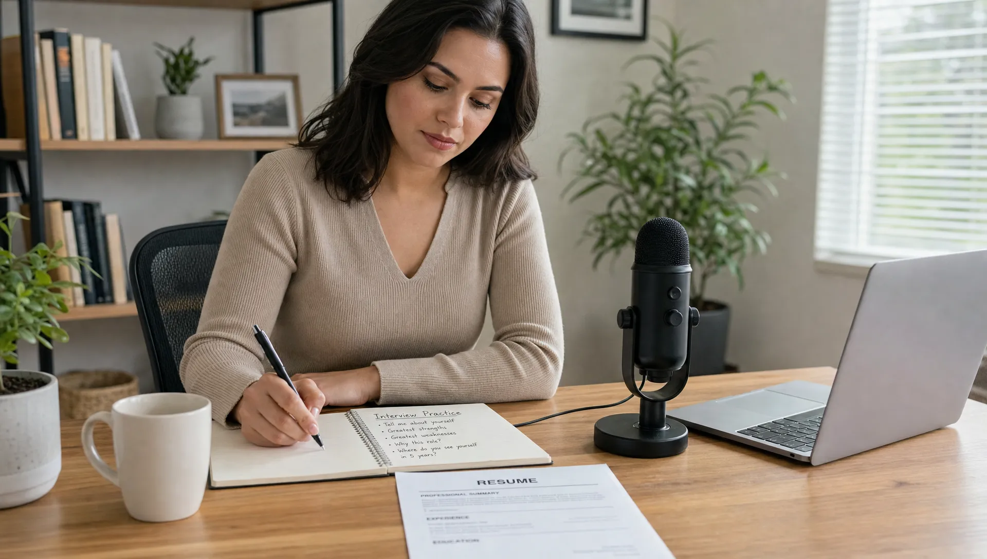 A job seeker practices interview answers with a notebook, resume and microphone at a calm desk.